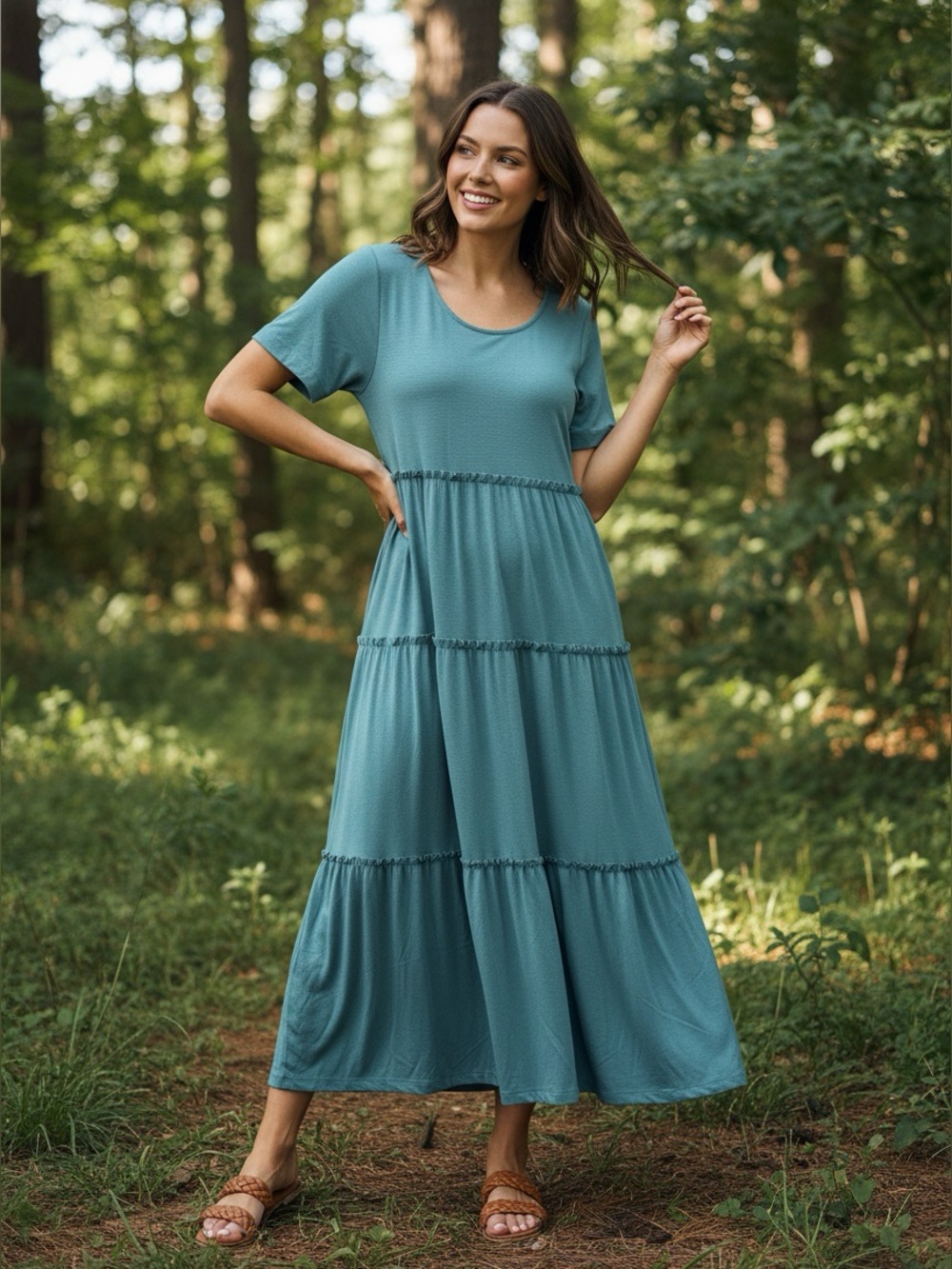 Zenana Womens Teal Blue Tiered Ruffle Lettuce Edge Short Sleeve Maxi Dress Large